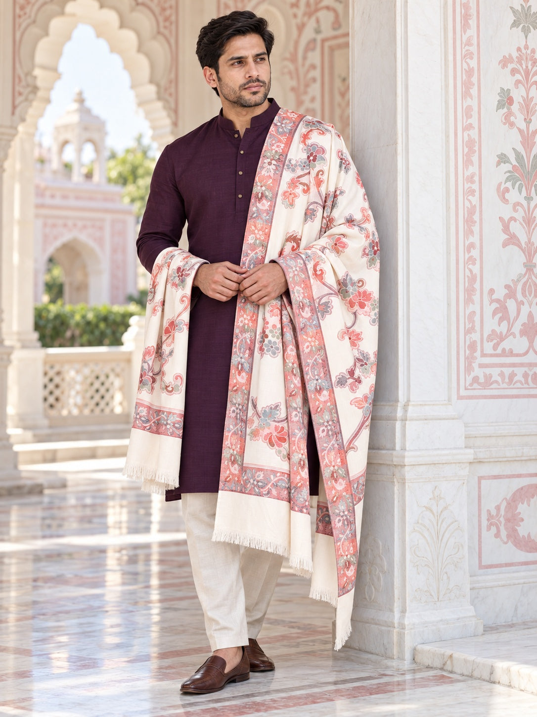 Weavers Villa MS-514-WHITE men's shawl styled on a premium model in a royal setting, view 1.