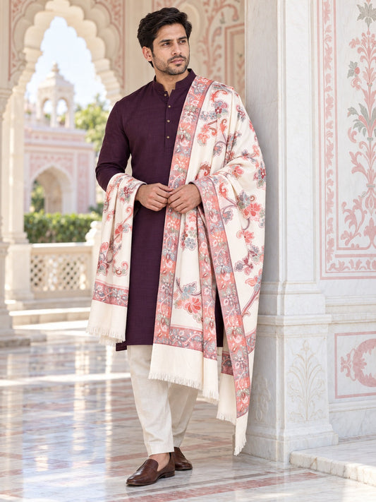 Weavers Villa MS-514-WHITE men's shawl styled on a premium model in a royal setting, view 1.