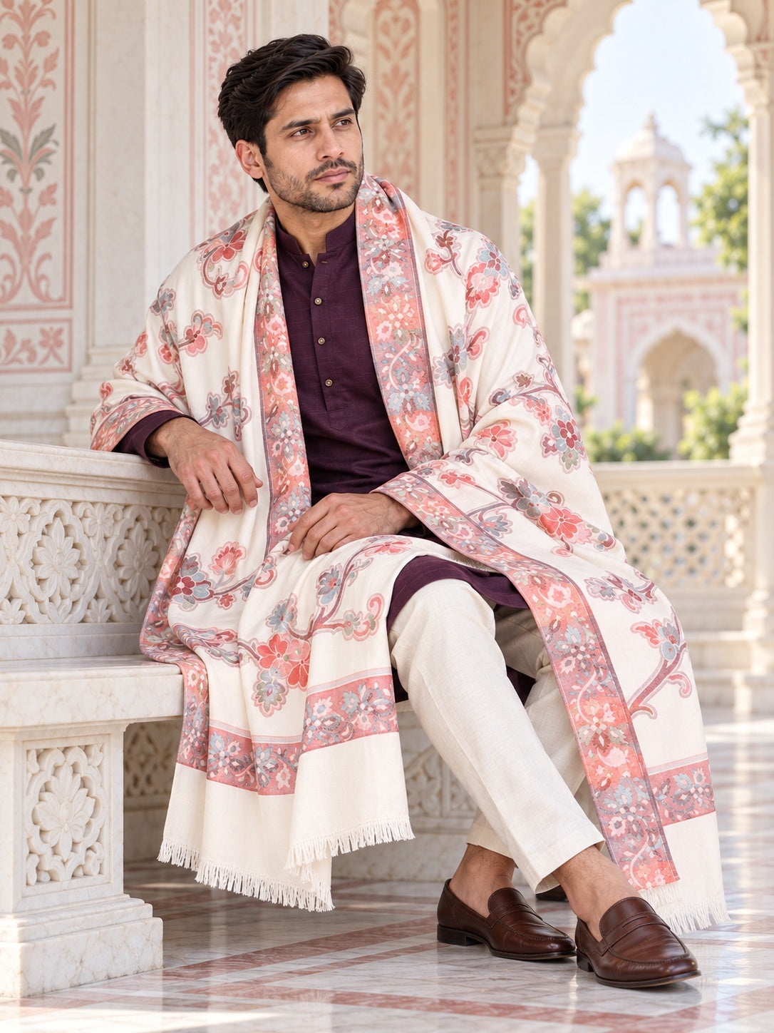 Weavers Villa MS-514-WHITE men's shawl styled on a premium model in a royal setting, view 2.