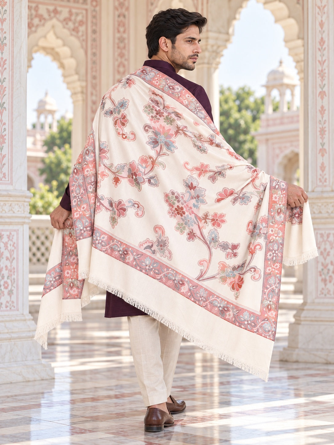 Weavers Villa MS-514-WHITE men's shawl styled on a premium model in a royal setting, view 3.