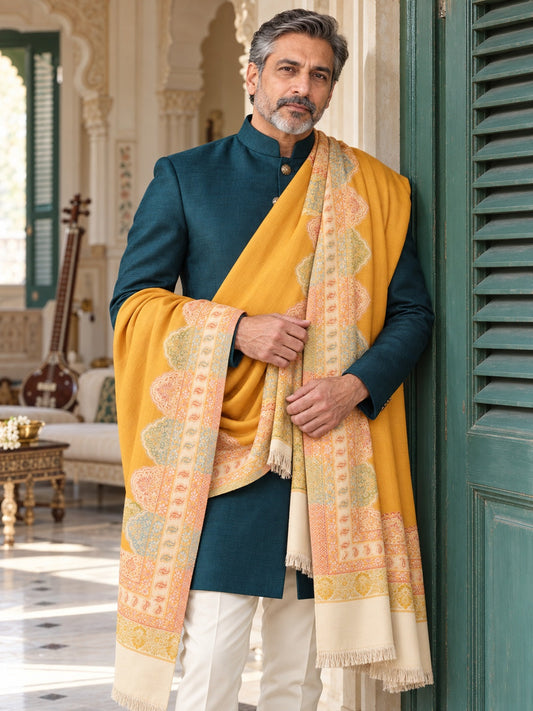 Weavers Villa MS-515-MUSTARD men's shawl styled on a premium model in a royal setting, view 1.