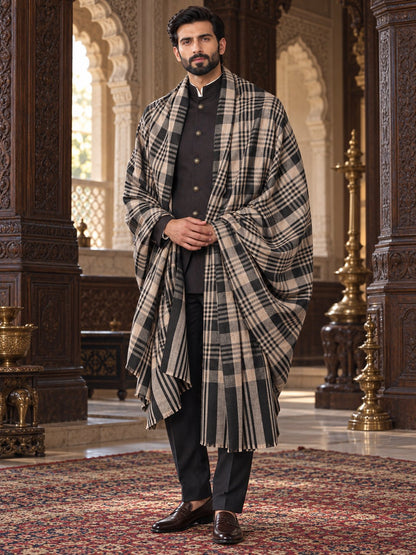 black checked men’s shawl with a royal model and flowing drape in a heritage palace