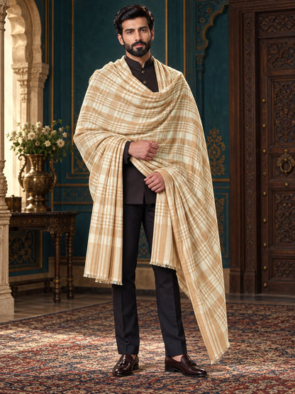 white checked men’s shawl with a royal model and flowing drape in a heritage palace