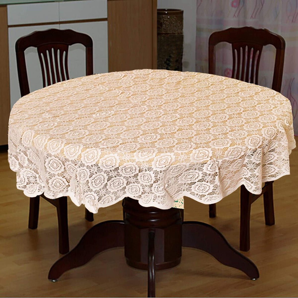 Weavers Villa Floral Cotton Net 4 Seater Round Table Cover [White, 56 x 56 Inches]