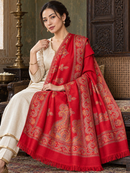 Red floral shawl — seated heritage drape in a luxurious ethnic setting | WV-404-RED-1
